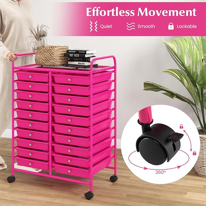 Happygrill 20-Drawer Organizer Cart Tools, Mobile Utility Storage Cart with Removable Drawers & Lockable Wheels, Rolling Storage Cart with wheels for Home Office School (Hot Pink)