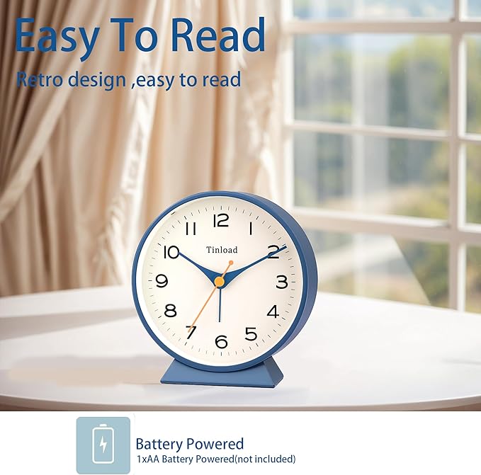 Tinload 4.5" Battery Operated Retro Analog Alarm Clock, Small Silent Bedside Desk Clock,Lighted on Demand, Battery Operated, Snooze, for Living Room, Bedroom, Bedside, Desk(Blue)