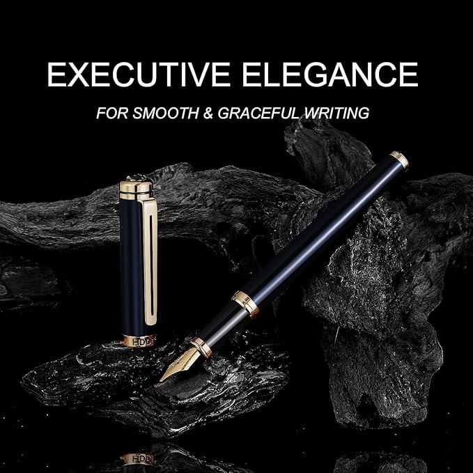 HDDNB Blue Luxury Fountain Pen Set for Men and Women with Gift Box, 24K Gold Finish and Gilded Nib(Medium) with 5 Black Ink Cartridges and Converter