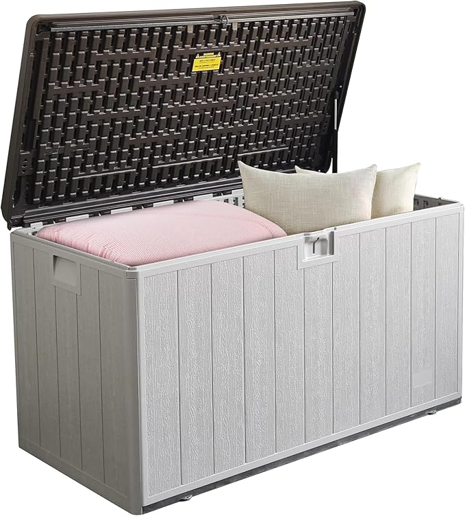 PATIOEASY 110GAL Deck Box - Grey，Wheeled Footlocker，Waterproof Resin Storage Bin for Patio Cushions