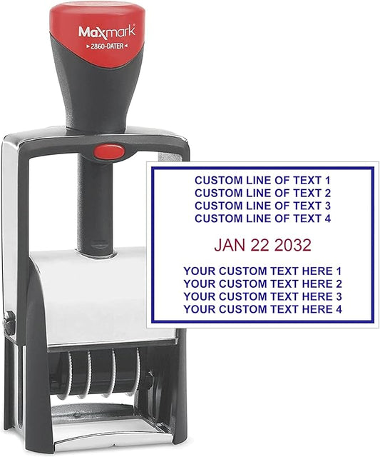 MaxMark Heavy Duty Date Stamp with 8-Line Custom Text, Self Inking Date Stamp - 2860 - Choose from Many Font and Color Options
