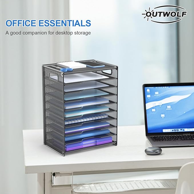 OUTWOLF 10 Tier Paper Organizer - Letter Tray Mesh Desk File Organizer with Handles for Office School Desktop, Black 2 Pack