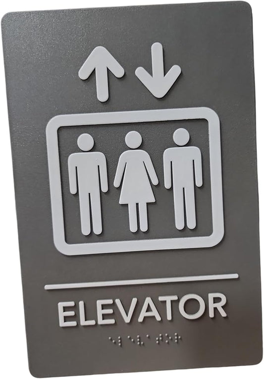 USA Made - Men's and Women's Restroom Signs ADA-Compliant Bathroom Door Signs for Offices, Businesses, and Restaurants, Black, Blue, Grey and Taupe/Tan Colors (Grey Elevator)