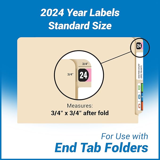 2024 Year Stickers, Doctor Stuff 2024 Chart Stickers, Pink/Black Color Coded, Arden Style, USA Made Year Labels for End Tab File Folders, 500/Roll, 1 Roll, 3/4" x 1-1/2"