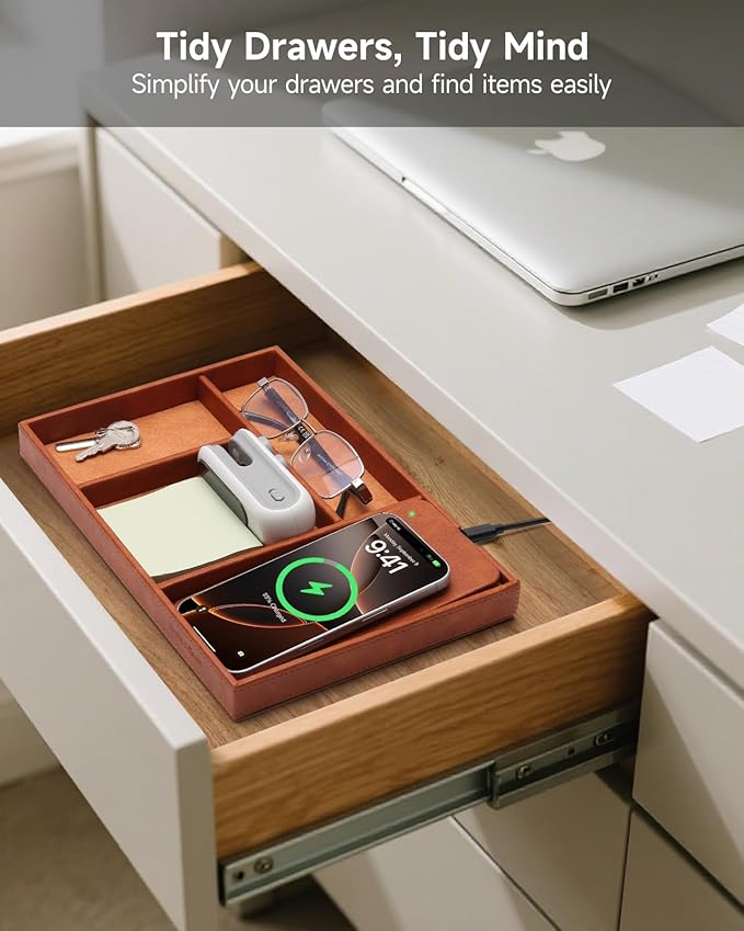 Valet Tray, Built in Wireless Charging Pad, Nightstand Organizer, Two-Toned Premium Vegan Leather Desk Bedside Caddy Organizer Tray for Keys, Watch, Wallet,Jewelry (Brown Patchwork)