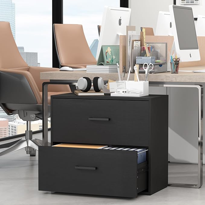 FATIGOS Lateral File Cabinet, Wood Black File Cabinet with Hanging Bars for Letters, Horizontal File Cabinets for Home Office, Black