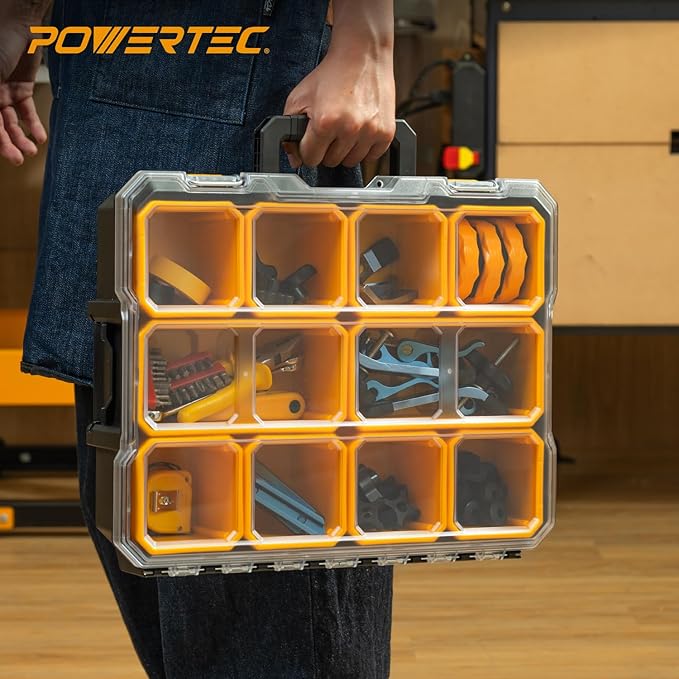 POWERTEC Small Parts Organizer & Tool Box – 10 Compartments, IP65 Water & Dust Protection, Stackable Storage with Interlocking Latch, Removable Tray, Clear Lid, Portable Design, 2-Pack (72365-P2)
