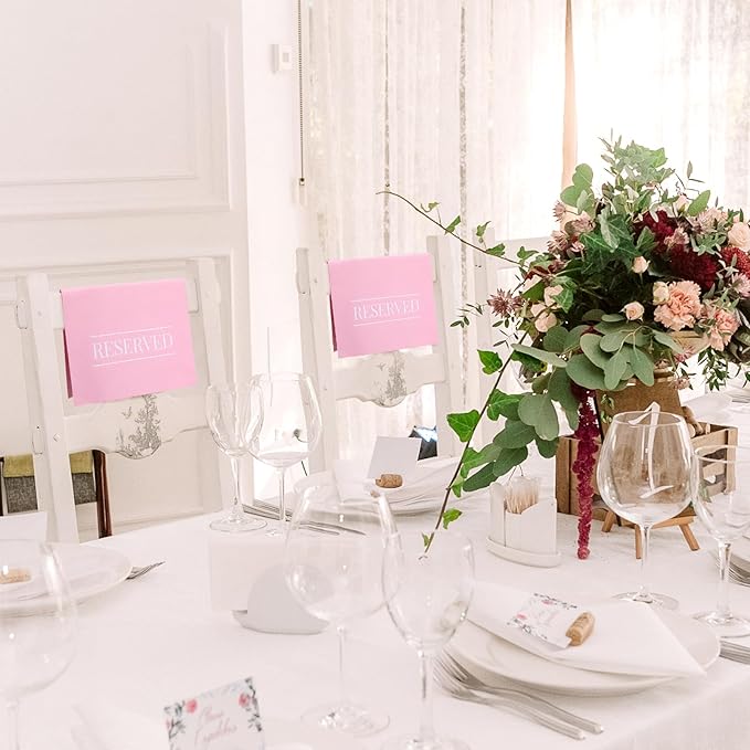 Buryeah 12 Pcs Reserved Seating Signs for Chairs Church Pew Reserved Chair Signs Placeholder with Printed Words for Weddings Parties Celebrations Receptions Church or Event (Pink)