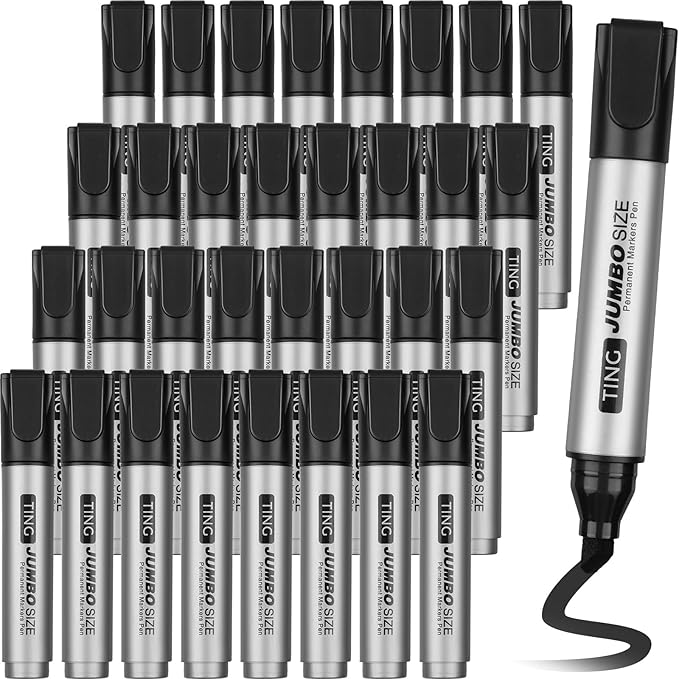Fuutreo 32 Pcs Jumbo Permanent Markers Bulk Large Chisel Tip Permanent Markers Waterproof Jumbo Pens Quick Drying Office Supplies(Black)