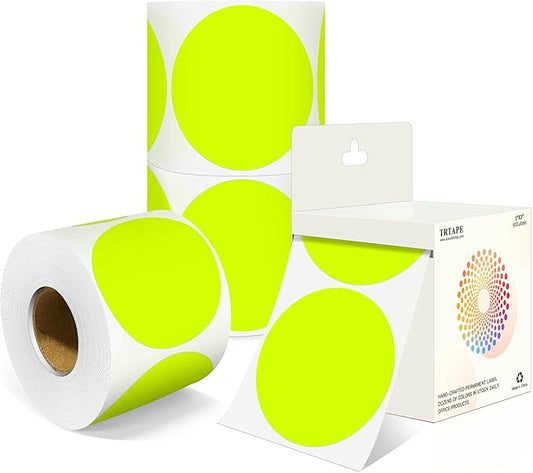 3 Inch Round Colored Dot Stickers, 2000 PCS, 4 Rolls in Dispenser Box - Fluorescent Yellow Circle Color Coding Labels Dot Labels for Office, Home, Inventory Organizing