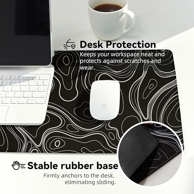 Reniteco Waterproof Large Gaming Mouse Pad with Durable Stitched Edges, Non-Slip Rubber Base, Grainy Jacquard Mouse Mat Desk Pad for Home Office Gaming, 31.5''x11.8''x0.12'', Topographic Map White