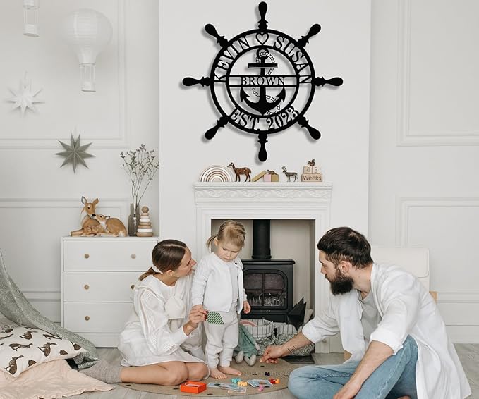 Personalized Wheel Ship Metal Sign, Custom Nautical Wall Decor, Custom Ship Wheel Monogram Wall Sign, Lake Beach House Decor
