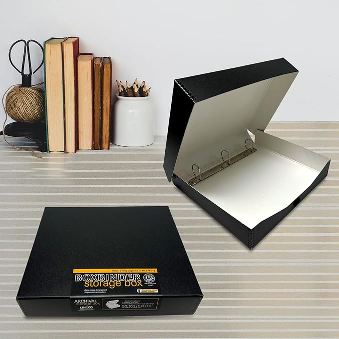 Lineco Archival Oversized 3-Ring Album Box with Clamshell Style Lid, Holds Up 55 Pages, 13.25 x 11.75 x 2.5 inch, Black