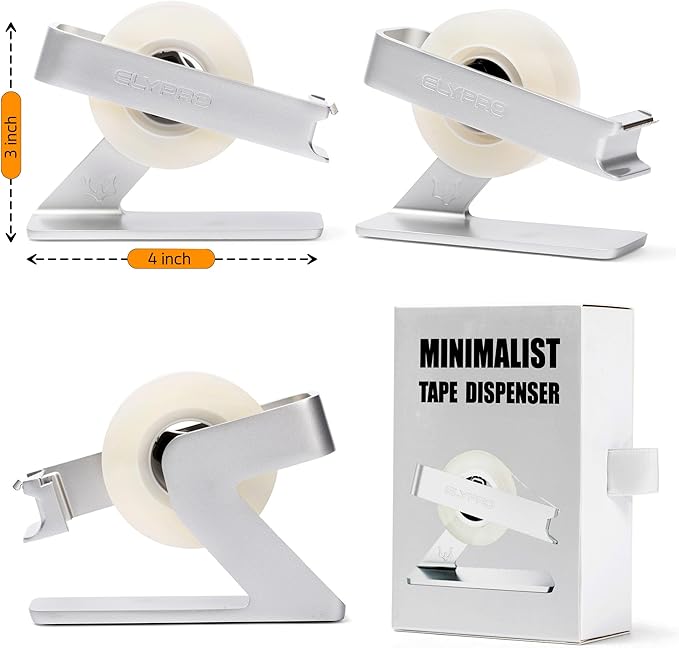 ELYPRO Modern Tape Dispenser for Office Desk - Elegant and Minimalist Design, Heavy Metal Made, Space-Saving, Perfect for Office & Home Use or as a Stylish Gift - Bonus Tape Roll Included (Silver)