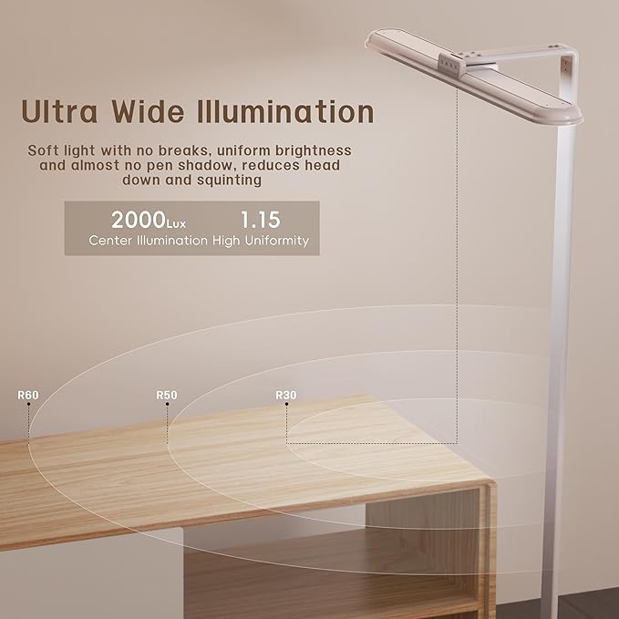 AKRRYR LED Desk Lamp for Home Office, Double Head Desk Lamp,24W Dimmable Desk Light 5 Color 5 Brightness Levels Office Lamp, Adjustable Gooseneck Office Light Eye Protection (White-Large Desk lamp)