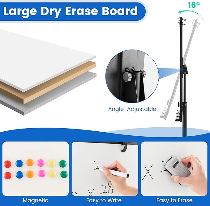 Goplus 40” x 26” Rolling Whiteboard, Height Adjustable Magnetic Dry Erase Board on Wheels with Round Stand, Paper Clips, Storage Tray, Paper Pad, Magnets, Markers, Mobile White Board for Office School