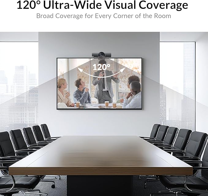 AV Access 4K Conference Room Camera, 1/1.8' Sensor, Individuals Gallery, 120° FOV, 5X Digital Zoom, Auto Framing, Presenter Tracking, Dual Mics, ePTZ, Privacy Cover, Work with Teams, Zoom, Meet