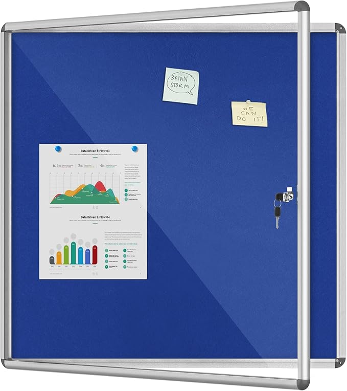 Mifuro 38"x38" Enclosed Bulletin Board, Lockable Weather-Resistant Aluminum Cork Noticeboard for School & Office, Silver Frame w/Blue Flet