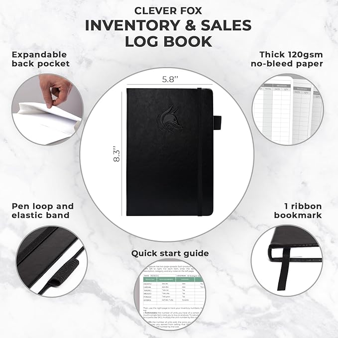 Clever Fox Inventory & Sales Log Book for Small Business – Inventory Ledger Book, Inventory Notebook, Order Tracker Book for Purchases, Sales & Reorders – Undated, Hardcover, A5, Black