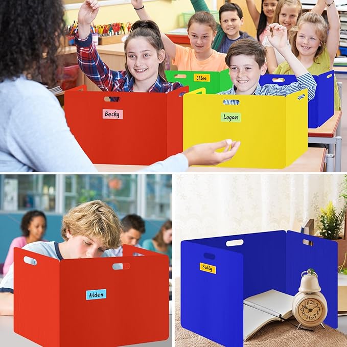 MuseLuxe 24 Pack Privacy Folders for Students - Durable & Waterproof Plastic Study Desk Dividers,Test Dividers for Classroom,Easy to Clean Privacy Shields & Boards -4 Color,Includes Extra 48 Labels