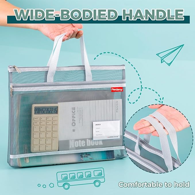 Pendancy Mesh Zipper Pouch A3 Size, Large Double Pocket Lightweight Nylon Transparent File Bag with Handle, 13x17 in Foldable Document Storage for Puzzle Project/Cross Stitch/Travel/Office (White)