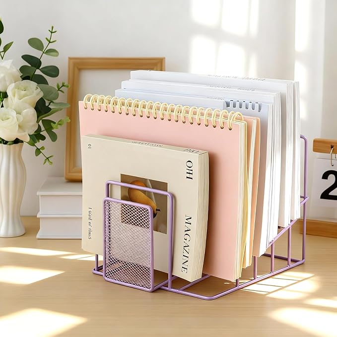 2 Pcs 7 Section Incline File Sorter Metal Wire Mesh File Rack for Desktop Letter Sorter for Magazine Folder Book Organizer Home Office School Paper Mail Desk Storage Holder (Purple)