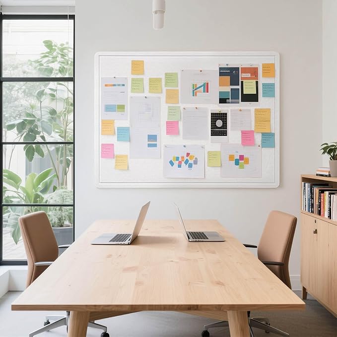 Large Bulletin Board - 48 x 36 Inches, Decorative Felt Pin Board for Wall - 4' x 3' Foldable Photo Display Board with Self-Adhesive Tape, Includes 20 Push Pins - White