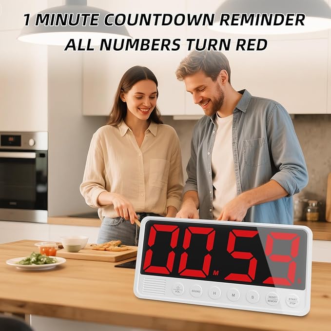 PULIVIA Extra-Large Display Digital Kitchen Timer with 7.4” LED Screen, 6 Alarms & 4 Volume Levels, 3 Memory Presets, Magnetic Stand Rechargeable Count Down/Up Timer for Cooking Home Gym, White