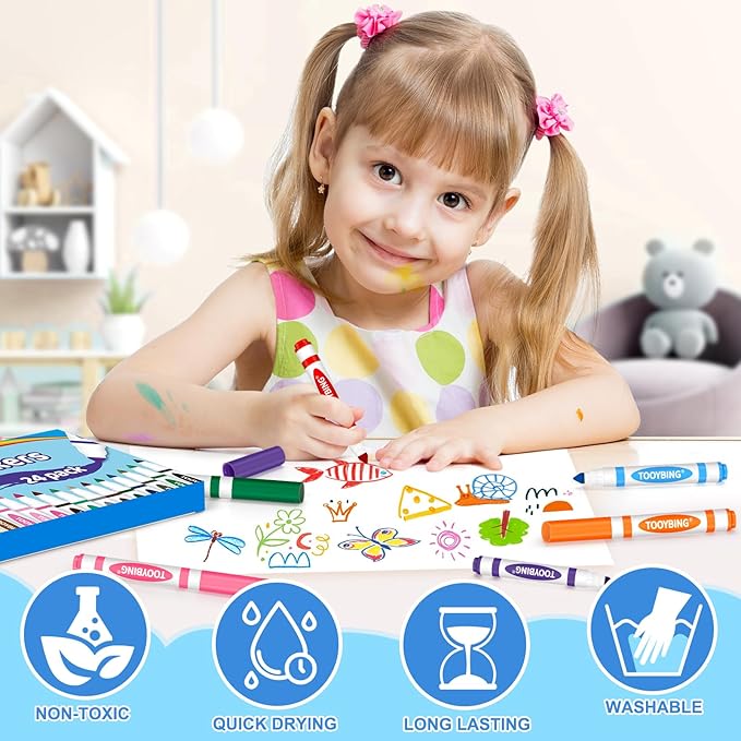 TooyBing 24 Color Washable Markers, Colored Washable Markers for Kids, Broad Tip Durable for Coloring Book, Back to Classroom Art School Supplies for Students Teachers Children
