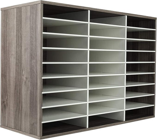 TQVAI Wood Literature Organizer, 27 Slots Hold 13500 Sheets A4 Papers, Wooden Desk File Paper Storage Organizer with Adjustable Shelves, Mailbox Cubbies for Office Home Classroom, Retro Grey/White