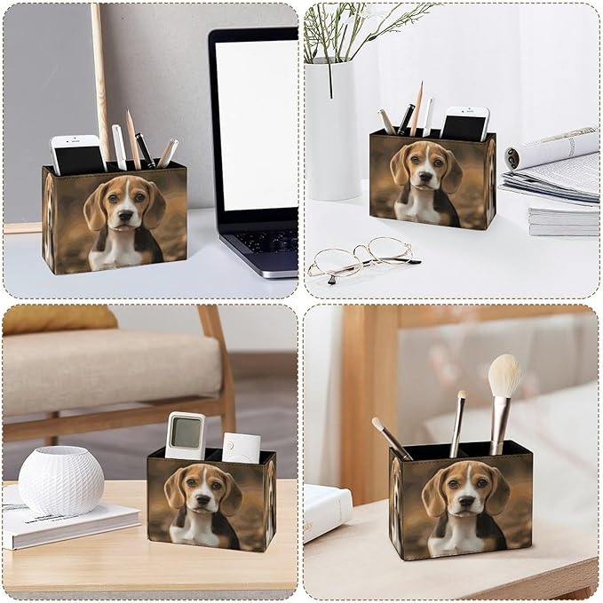 Famame 3D Beagle Dog Pencil Holder for Desk, Leather Desktop Container Pen Cup Storage Study Table Pen Organizer Makeup Brush Holder for Classroom Office Home