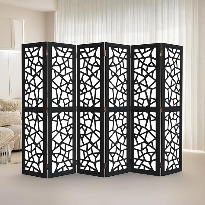 VINGLI 70'' H Room Divider, Non-Woven Fabric Privacy Screen, Indoor Partition Wall Dividers, Freestanding Hinged Space Separator with Modern Unique Pattern (Black, 6 Panel)