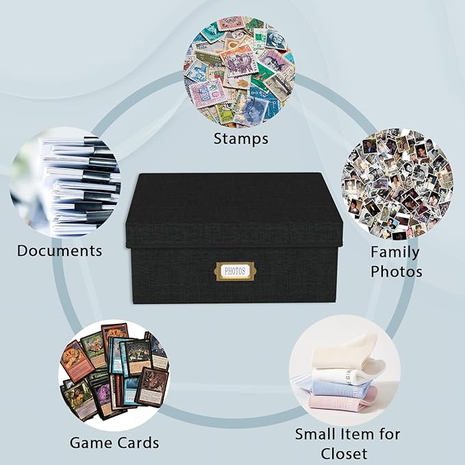 Decorative Photo Storage Box - 2 Pack Linen Photo Box Organizer with Dividers, Fits Holds Up to 1700 Pictures and 4x6 Photos, Memory Keepsake Organizer for Scrapbook Supplies, Cards, Stamps (Black)