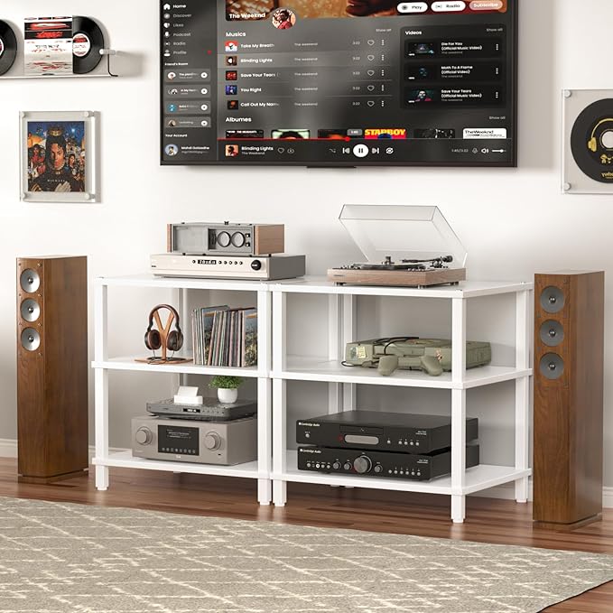 LELELINKY 3-Tier AV Media Player Stand Set of 2, White Stereo Cabinet, Wooden TV Stand,Game Console Shelf, Multifunctional Entertainment Center, Suitable for Home, Conference Room, Game Studio