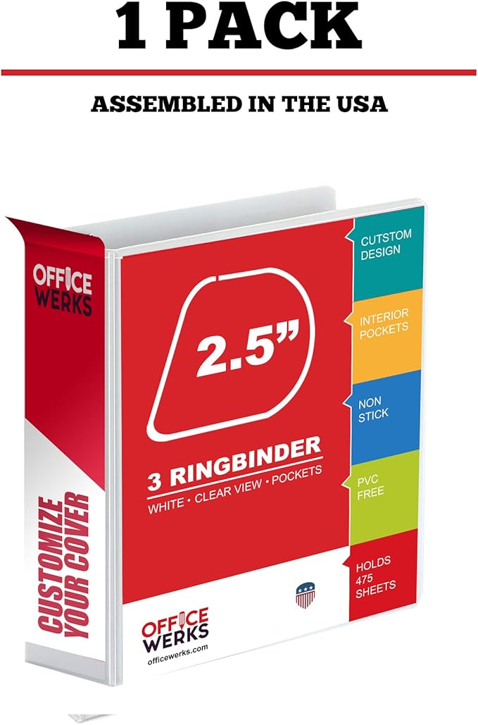 3 Ring Binder, 2.5" Professional Angle D-Rings, Presentation Folder for Standard Pages with Inside Pockets, Customizable Clear View White Binder (3.2" Spine)