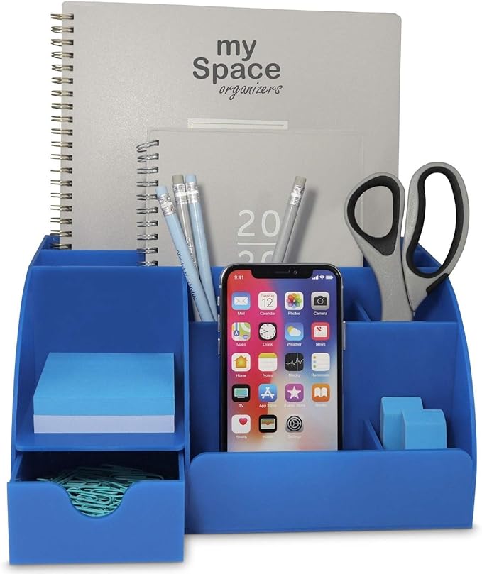My Space Organizers Blue Desk Organizer, 9 Compartments, Office Supplies and Desk Accessories Organizer, Pen Holder Decor Desktop (Blue)