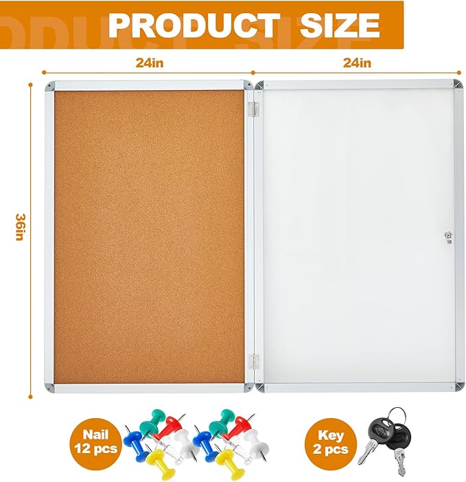 Geetery 36 x 24 Inch Enclosed Bulletin Board Tamperproof Lockable Cork Board Fabric Noticeboard, Aluminium Frame Display Cases Wall-Mounted for School, Office, Commercial, Hospital