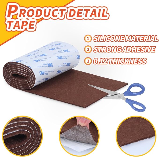 Felt Furniture Pads, Non Slip Self Adhesive Cuttable Felt Tape Brown Heavy Duty Felts Strip Roll for Protecting Hardwood Floors Chair Wall Protector (40 x 5 x 0.12 Inch)