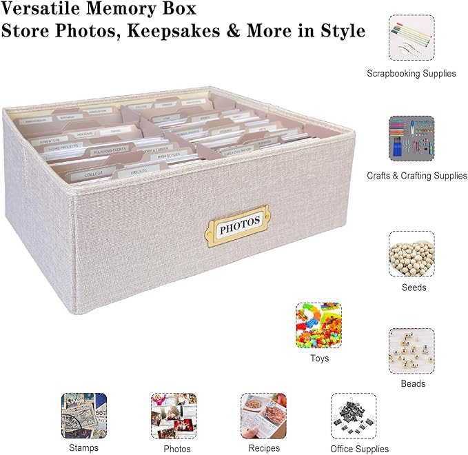 Sprsthai Linen Photo Storage Box – Holds 1700 Photos, 24 Adjustable Dividers & 72 Labels Multi-Use Organizer for Photos, Envelopes, Recipes Beige