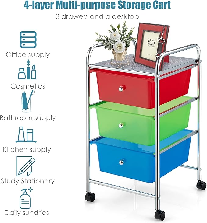 Giantex Rolling Cart with Drawers, Craft Organizer with Wheels, 3 Drawer Storage Container Bins for Back to School Office Scrapbook Paper Tools Multicolor