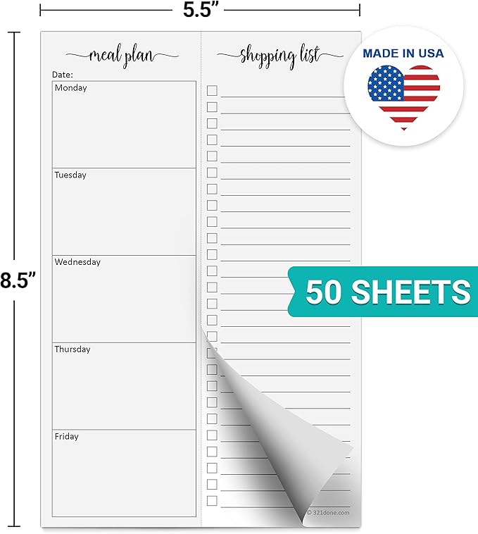 321Done Meal Planning Notepad, 5.5x8.5, Made in USA, M-F Weekly Menu Planner & Grocery List, Perforated Tear Off Checklist (50 Pages), Thick Paper, Simple Minimalist Design