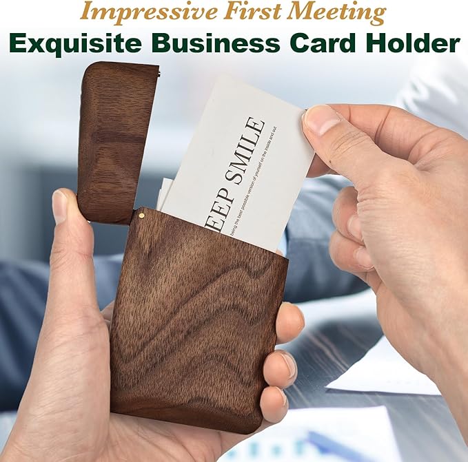 Yookin Wood Business Card Holder Wooden Magnetic Business Card Case Portable Simple (Black Walnut)