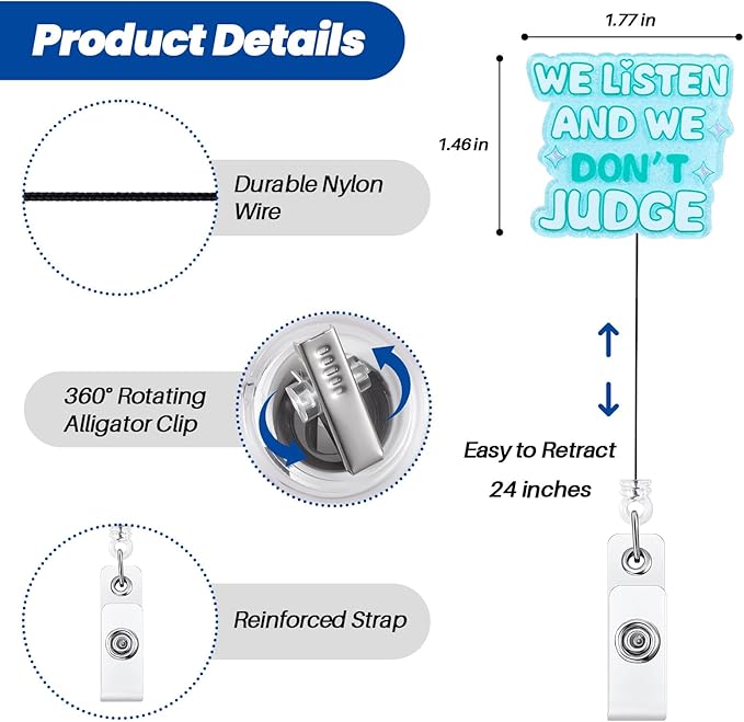 We Listen and We Don't Judge Funny Office Badge Reel | Retractable ID Card Badge Holder | Name Work Badge Clip for RN LPN CNA MA ER Night Shift Nurse Nursing Student Doctor Teacher | Coworker Gifts