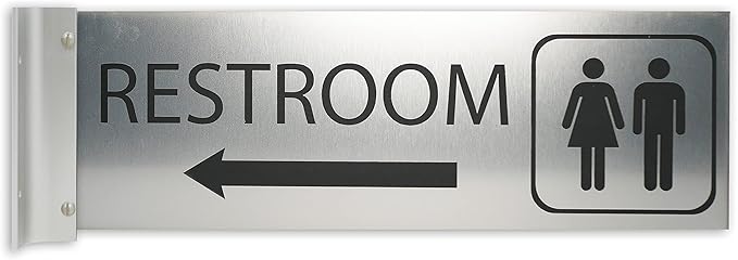 ALPHA DOG SIGNS Corridor Projecting Hallway Bathroom Sign, Left Arrow, 4"x12" Double Sided, Indoor/Outdoor, Easy Install, Durable Business Wayfinding Plaque, USA-Made (Brushed Stainless)