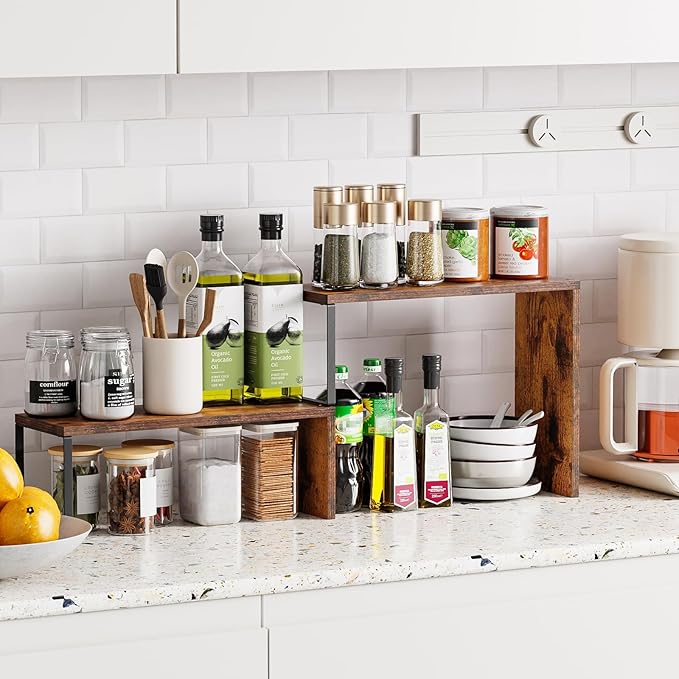 Vfelf Kitchen Countertop Organizer, Spice Rack Cabinet Organizer Shelf Stackable Counter Corner Shelves Organization and Storage for Pantry, Counter top, Coffee Station Wood Rustic Brown