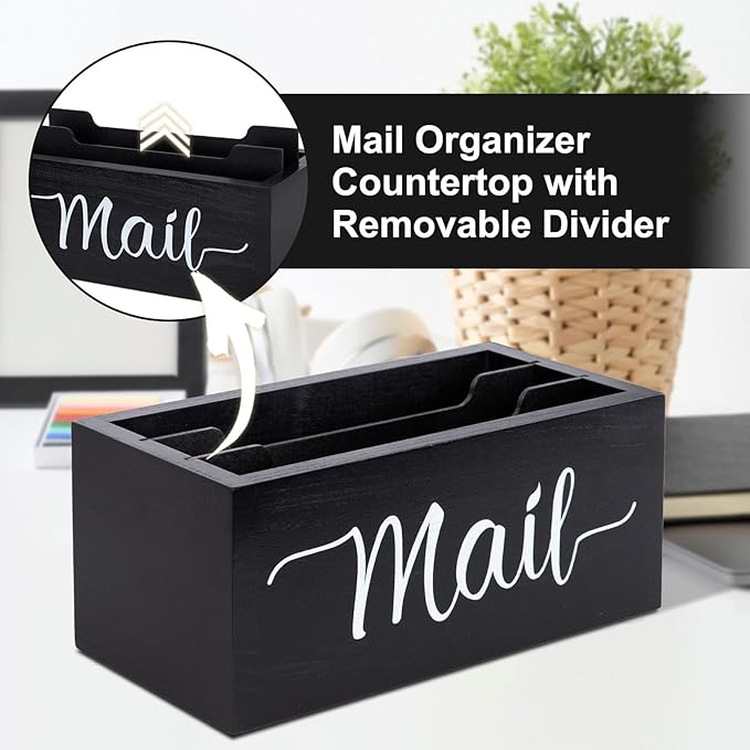 Lucundm Desk Mail Organizer, Mail Organizer Countertop with 3 Slots, Wood Desk Mail Storage Box, Envelop Holder for Home Office (Black-3 Slot)