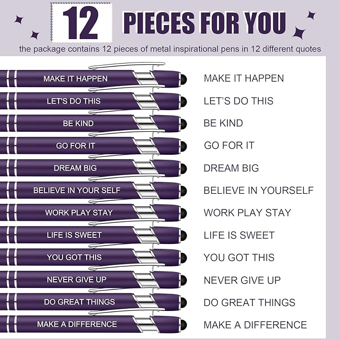 Zonon 12 Pcs Inspirational Pens Bulk Funny Ballpoint Pen with Stylus Tip Motivational Gifts for Valentine's Day Teacher Coworkers Nurse School Office Supplies(Dark Purple,Motivational Style)