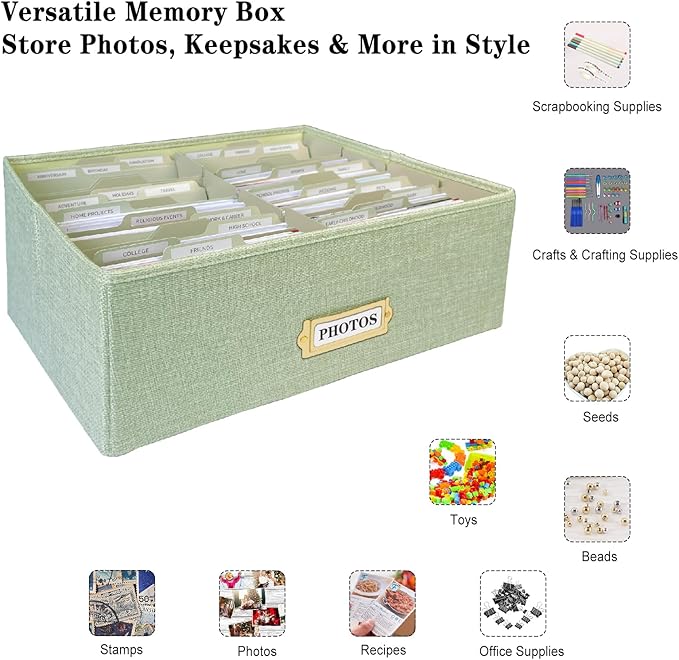 Sprsthai Linen Photo Storage Box – Holds 1700 Photos, 24 Adjustable Dividers & 72 Labels Multi-Use Organizer for Photos, Envelopes, Recipes Beige