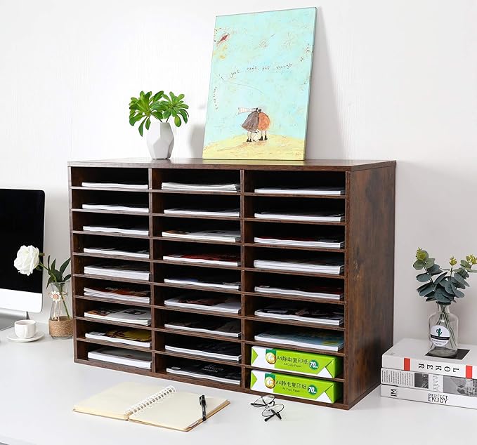 EasyPAG Wooden Literature Organizer with Adjustable Shelves, 27 Compartments Office Paper Organizer Storage 13500 Sheets Letter Size Paper, Student Mailbox for Classroom, Archaize