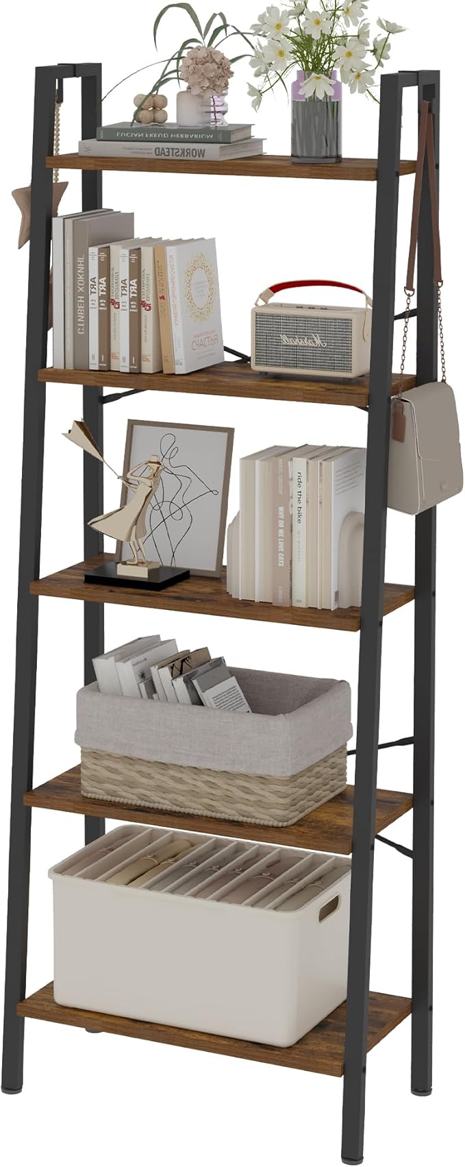 Hzuaneri Ladder Shelf, Bookshelf Bookcase, Freestanding Corner Storage Shelve with 2 Hooks for Home Office, Living Room, Kitchen, Bedroom, Industrial, 11.8" D x 23.6" W x 63" H, Rustic Brown BC19301B